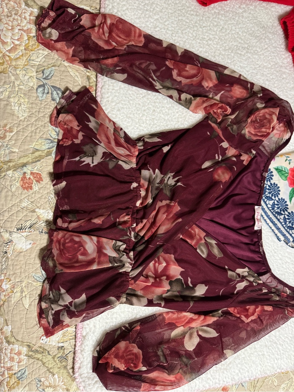 Sheer Floral Long Sleeve Peplum Top - Burgundy Rose